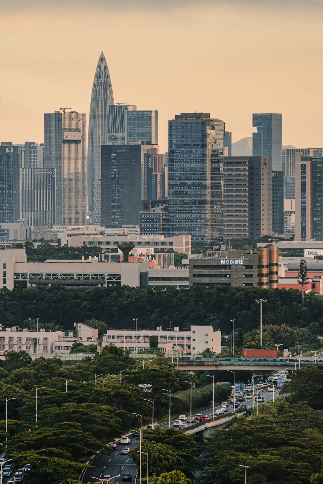 Services Modern CBD buildings and packed traffic in Nanshan, Shenzhen.