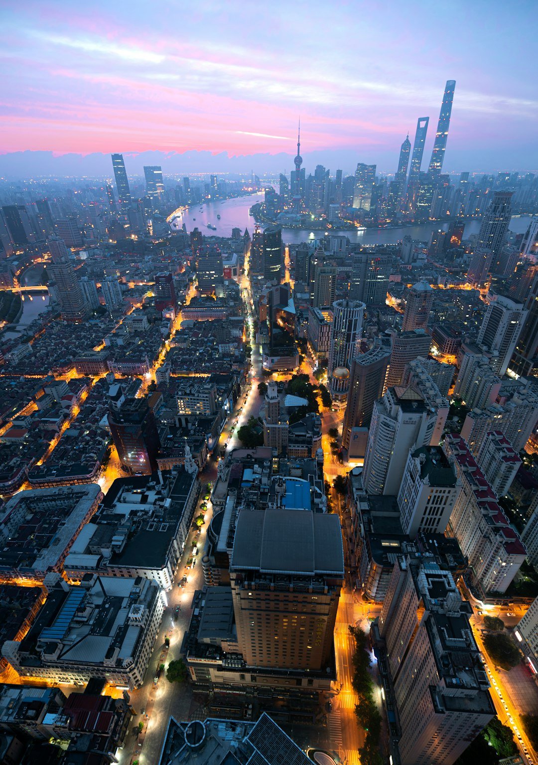 High view on morning Shanghai from rooftop